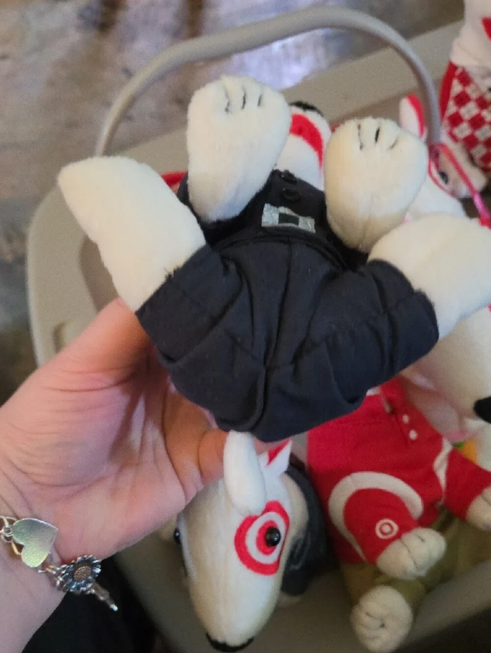 Target White Bullseye Plush Dog in Black Outfit